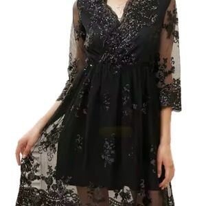 Black Lace Sequin Embellished Cocktail Midi Dress V-Neck Sz Medium Fairy Grunge